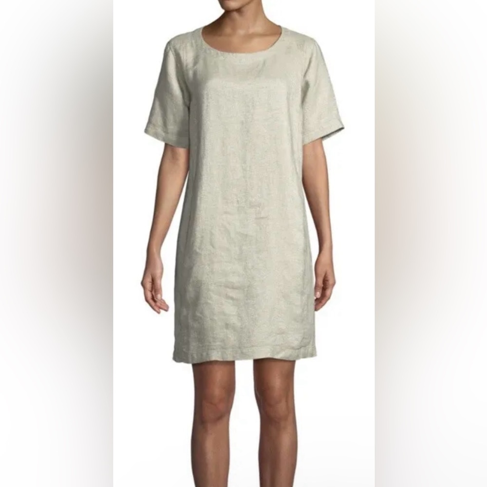 Eileen Fisher Gold Shimmer Short Sleeve Organic Linen Dress with Pockets